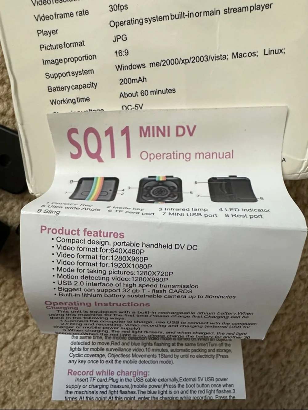 SQ11 Sports HD DV Mini Camera with Mounts - White